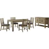 Saunders 6 Piece Extension Dining Set with Server in Distressed Acacia Wood & Gray Fabric