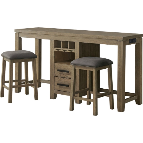 Saunders 3 Piece Console Table & Stool Set with USB Power in Distressed Wood & Gray Fabric