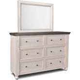 Rustic French 6 Drawer Double Dresser & Mirror Set in Distressed White & Brown
