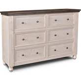 Rustic French 6 Drawer Double Dresser in Distressed White & Brown Wood