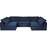 Puff 5 Piece Slipcovered U Shape Modular Sectional Sofa in Navy Blue Performance Fabric
