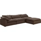 Puff 4 Piece Slipcovered Modular L Sectional Sofa w/ Ottoman in Brown Performance Fabric