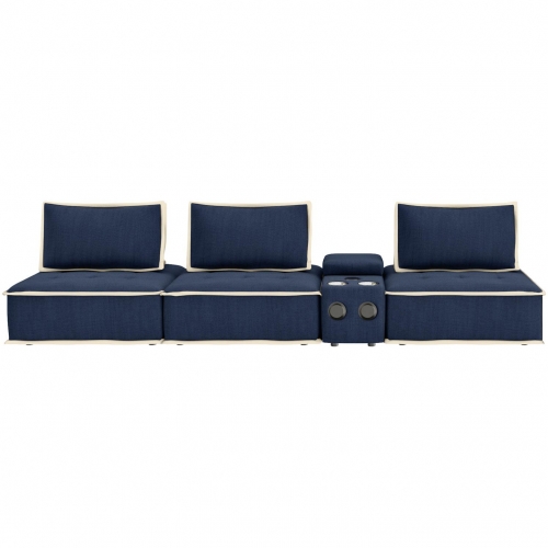 Pixie 4 Piece Modular Sectional Sofa with Bluetooth USB Console in Navy Blue & Cream Fabric