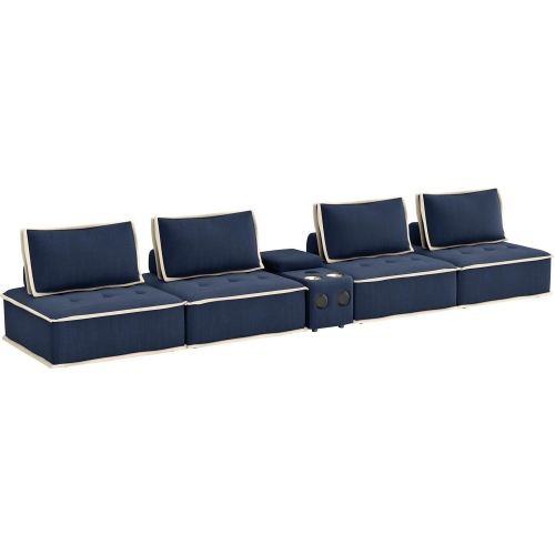 Pixie 5 Piece Modular Sectional Sofa with Bluetooth USB Console in Navy Blue & Cream Fabric