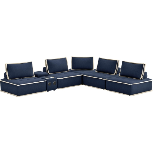 Pixie 6 Piece Modular Sectional Sofa with Bluetooth USB Console in Navy Blue & Cream Fabric