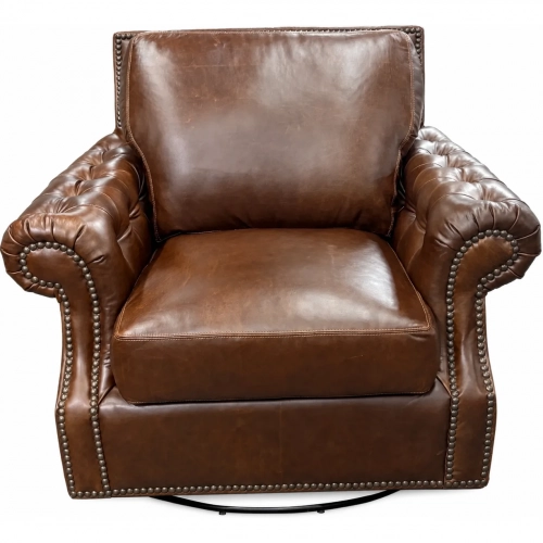 7655 Swivel Accent Chair in Polo Brown Top Grain Leather with Nailhead Trim