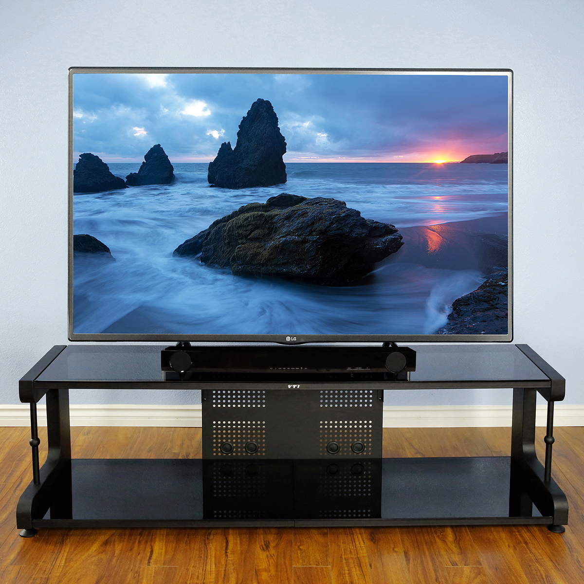 20800 Series 75" TV Stand Audio Video Rack w/ Black Frame & Tinted Black Glass