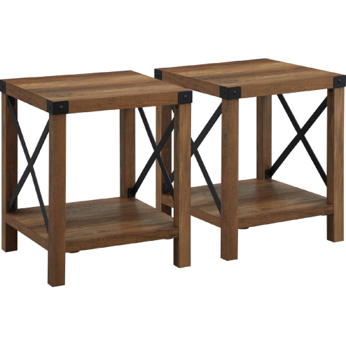 Rustic Metal X Side Table with Shelf in Rustic Oak Finish (Set of 2)