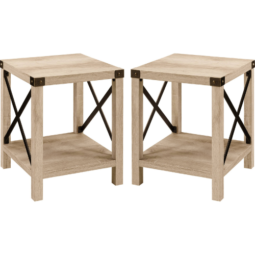 Rustic Metal X Side Table with Shelf in White Oak Finish (Set of 2)
