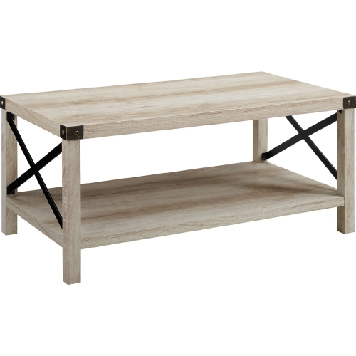 Rustic Wood Coffee Table in White Oak Finish & Bronze
