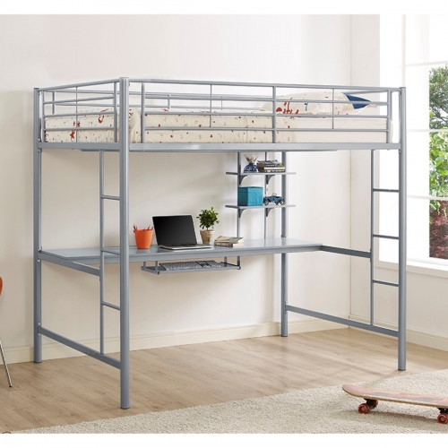 Premium Metal Full Loft Bed with Workstation in Silver Powder Coated Steel