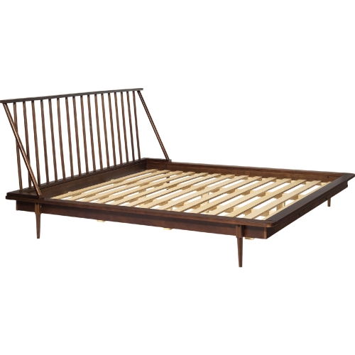 Mid Century Modern King Spindle Platform Bed in Walnut Finish Wood