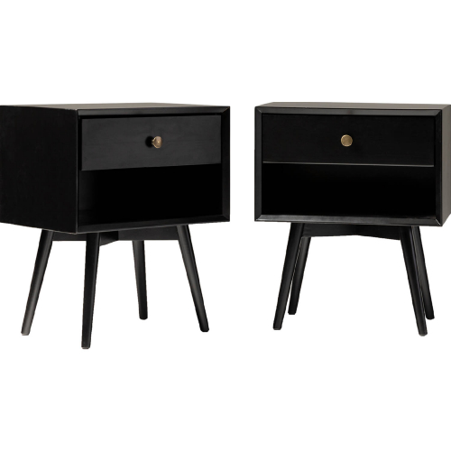 Mid Century 1 Drawer Solid Wood Nightstand in Black Finish (Set of 2)