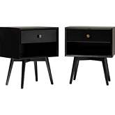 Mid Century 1 Drawer Solid Wood Nightstand in Black Finish (Set of 2)