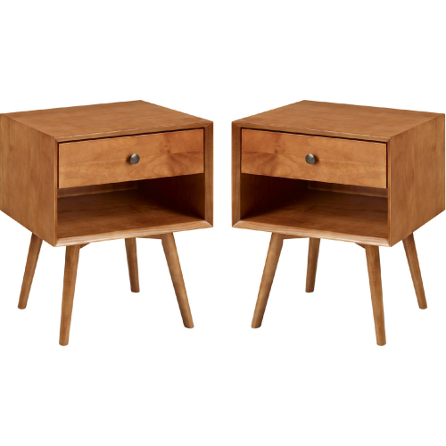Mid Century 1 Drawer Solid Wood Nightstand in Caramel Finish (Set of 2)