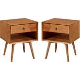 Mid Century 1 Drawer Solid Wood Nightstand in Caramel Finish (Set of 2)