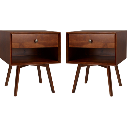 Mid Century 1 Drawer Solid Wood Nightstand in Walnut Finish (Set of 2)