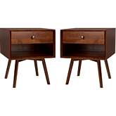 Mid Century 1 Drawer Solid Wood Nightstand in Walnut Finish (Set of 2)