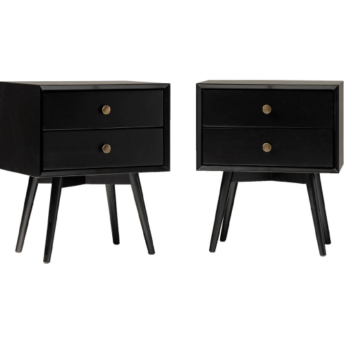 Mid Century 2 Drawer Solid Wood Nightstand Set in Black Finish (Set of 2)