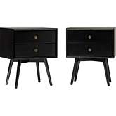 Mid Century 2 Drawer Solid Wood Nightstand Set in Black Finish (Set of 2)