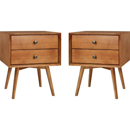 Mid Century 2 Drawer Solid Wood Nightstand Set in Caramel Finish (Set of 2)