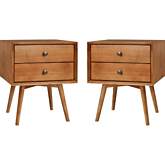 Mid Century 2 Drawer Solid Wood Nightstand Set in Caramel Finish (Set of 2)