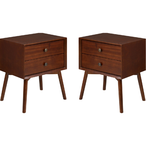 Mid Century 2 Drawer Solid Wood Nightstand Set in Walnut Finish (Set of 2)