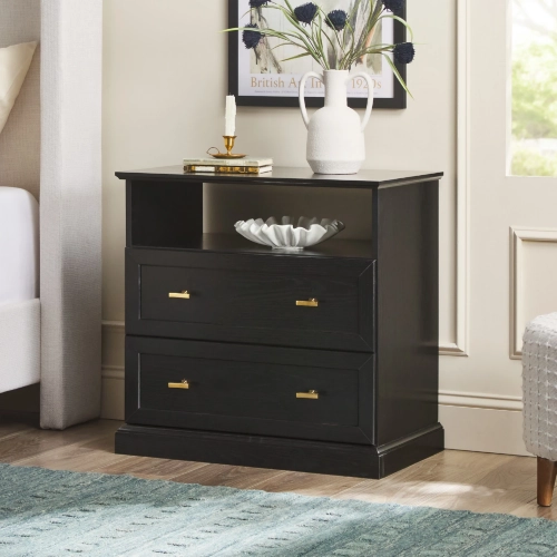 Clyde 2 Drawer Nightstand w/ Shelf in Black Wood