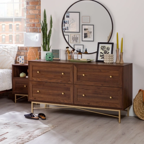 Gwen 4 Drawer Dresser in Dark Walnut Brown Wood & Gold Finish Metal