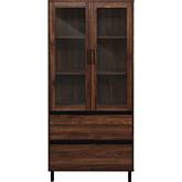 68" Glass Door Storage Hutch in Dark Walnut Finish