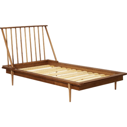 Mid Century Modern Twin Wood Spindle Platform Bed in Caramel Finish
