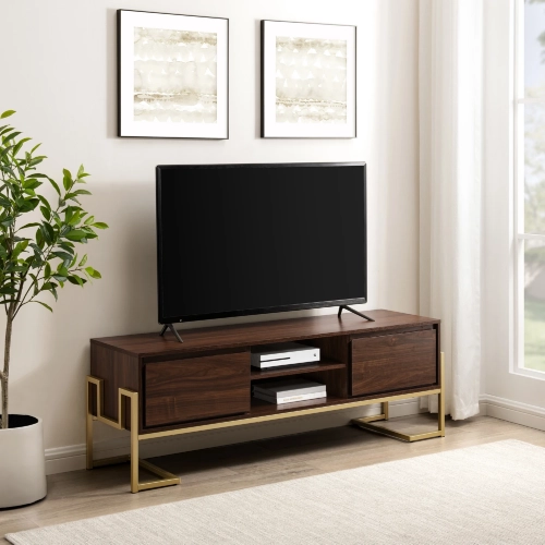 Betty 2 Drawer 60" TV Stand in Dark Walnut Finish & Gold Finish Metal