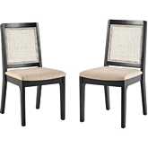 Catalina Dining Chair in Black Finish Wood, Rattan & Neutral Fabric (Set of 2)