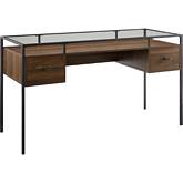 56" 2 Drawer Glass Top Desk in Dark Walnut