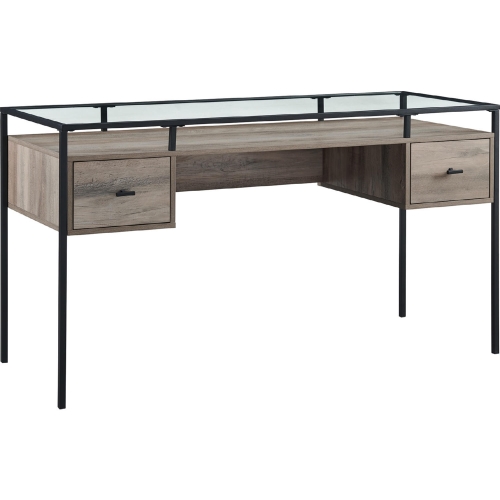 56" 2 Drawer Glass Top Desk in Grey Wash