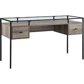56" 2 Drawer Glass Top Desk in Grey Wash