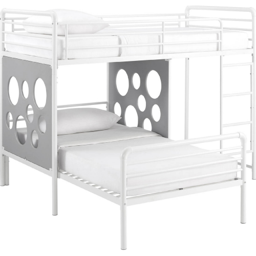 Devan L Shape Twin Bunk Bed with Cut Out Panels in White & Grey