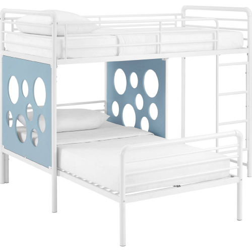 Devan L Shape Twin Bunk Bed with Cut Out Panels in White & Blue