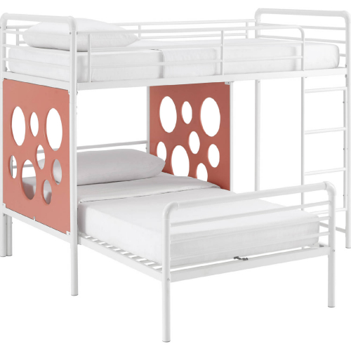 Devan L Shape Twin Bunk Bed with Cut Out Panels in White & Terracotta