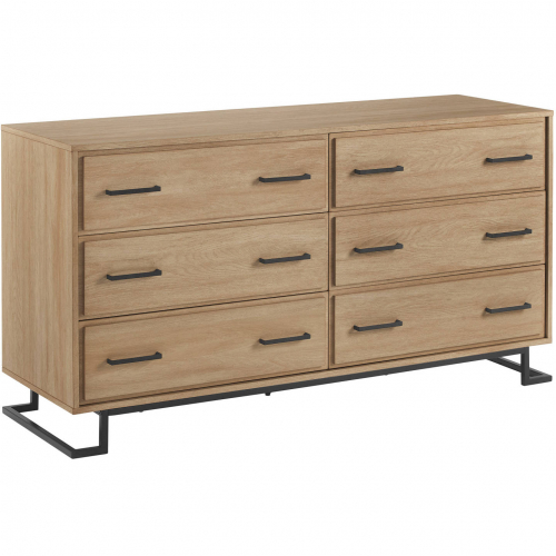 Danae 56" 6 Drawer Dresser in Coastal Oak Finish & Black Metal