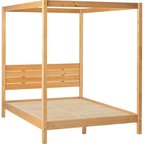 Isla Queen Bed with Slatted Headboard & Canopy in Natural Finish Pine