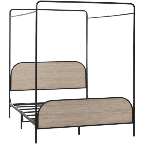 Metro Queen Canopy Bed in Smoked Oak Finish Wood & Black Bent Metal