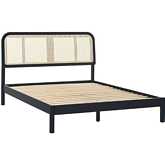 Neru Queen Platform Bed with Rattan Headboard Insert in Black Finish Wood