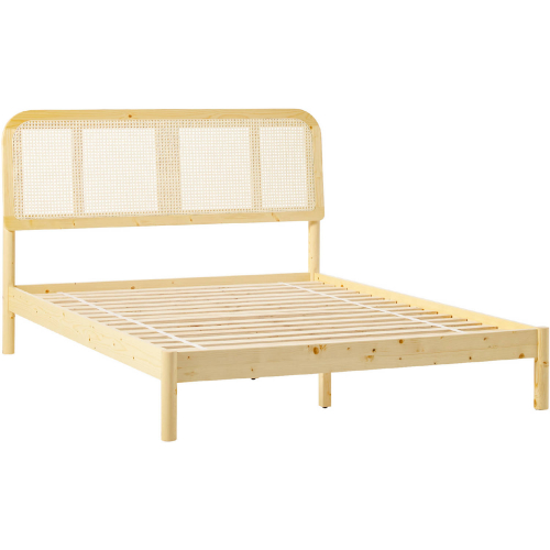 Neru Queen Platform Bed with Rattan Headboard Insert in Natural Finish Wood