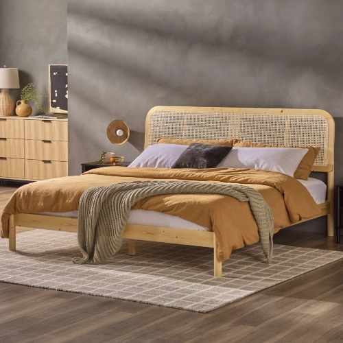 Neru King Bed w/ Curved Rattan Headboard in Natural Finish Wood