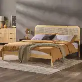 Neru King Bed w/ Curved Rattan Headboard in Natural Finish Wood