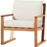 Prenton Outdoor Slat Back Club Chair in Natural Finish Wood & Neutral Fabric