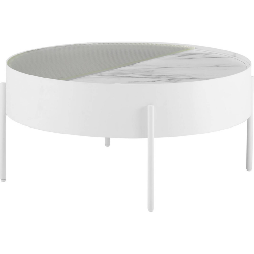 Tempestes 33" Sliding Top Drum Coffee Table in Faux Marble, White & Fluted Glass