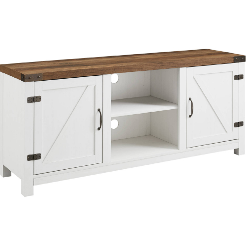Barn Door 58" TV Stand Console in Rustic Oak Finish & Brushed White