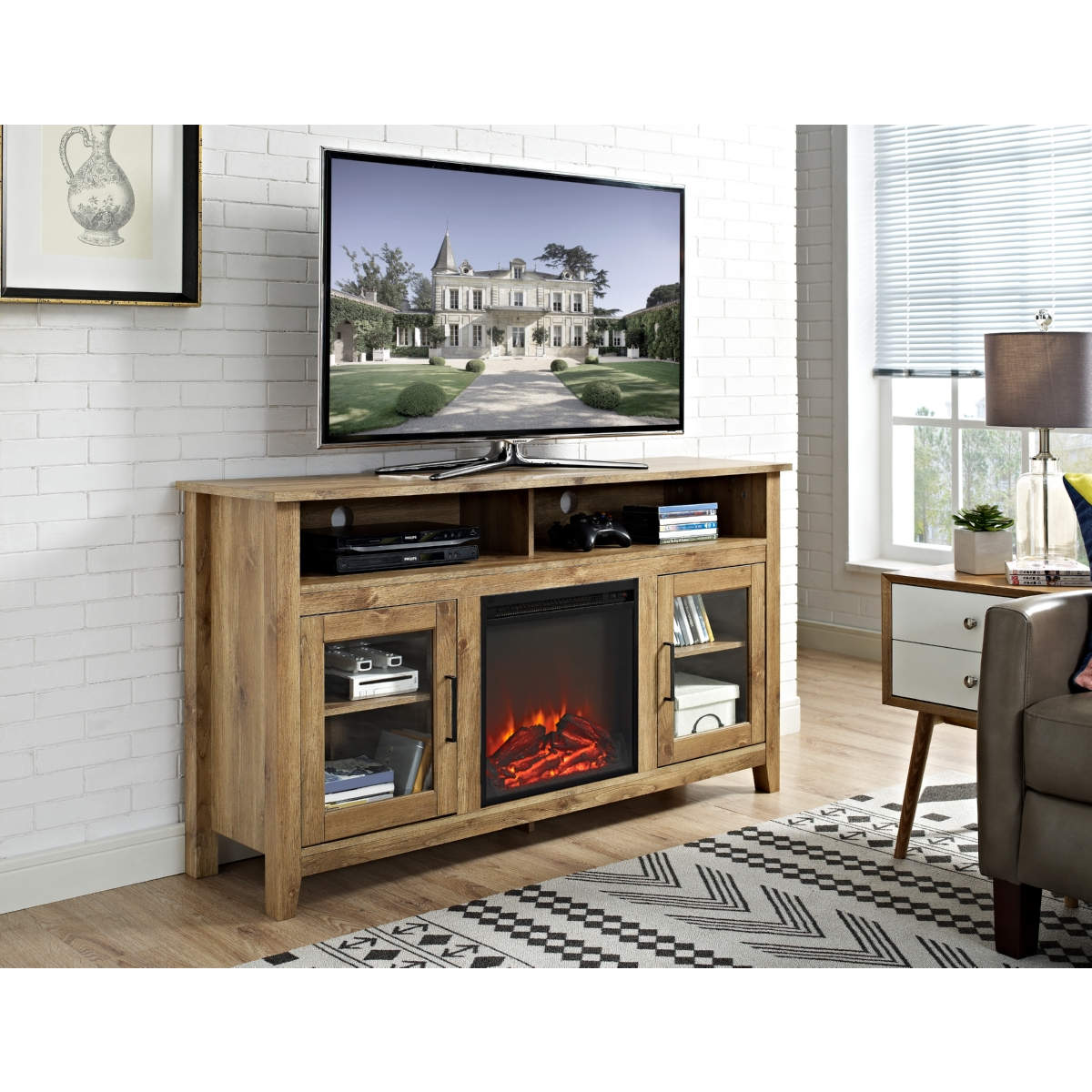 Walker Edison 58" Wood Highboy Fireplace Media TV Stand Console